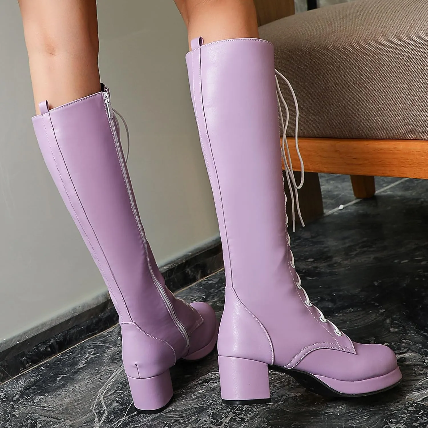 Seborluys Women Knee High Lace Up Boots Chunky Heel Combat Platform Knee Length Boot with Zipper