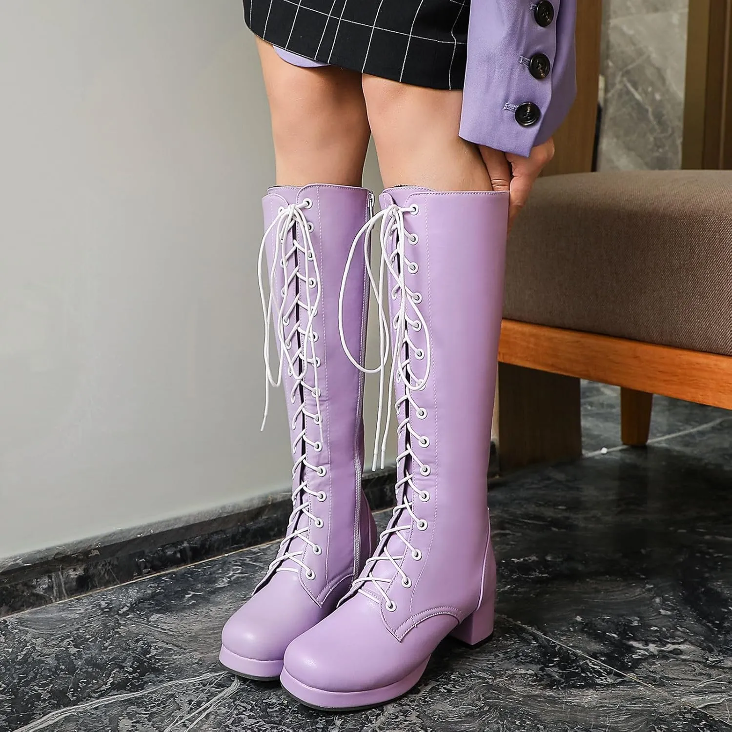 Seborluys Women Knee High Lace Up Boots Chunky Heel Combat Platform Knee Length Boot with Zipper