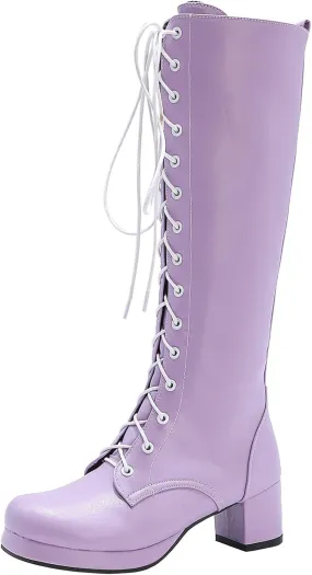 Seborluys Women Knee High Lace Up Boots Chunky Heel Combat Platform Knee Length Boot with Zipper