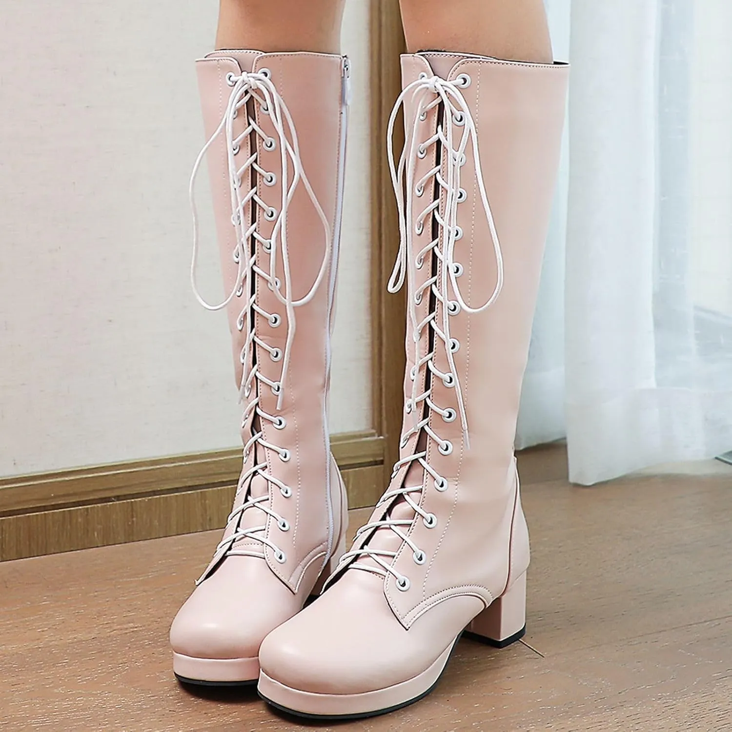 Seborluys Women Knee High Lace Up Boots Chunky Heel Combat Platform Knee Length Boot with Zipper