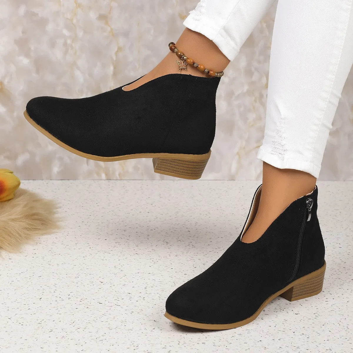 Sexy V Cut Booties Women  New HOTan and NEWn Foreign Trade Large Size Thick Heel Pointed-Toe Side Zip Chelsea Boots