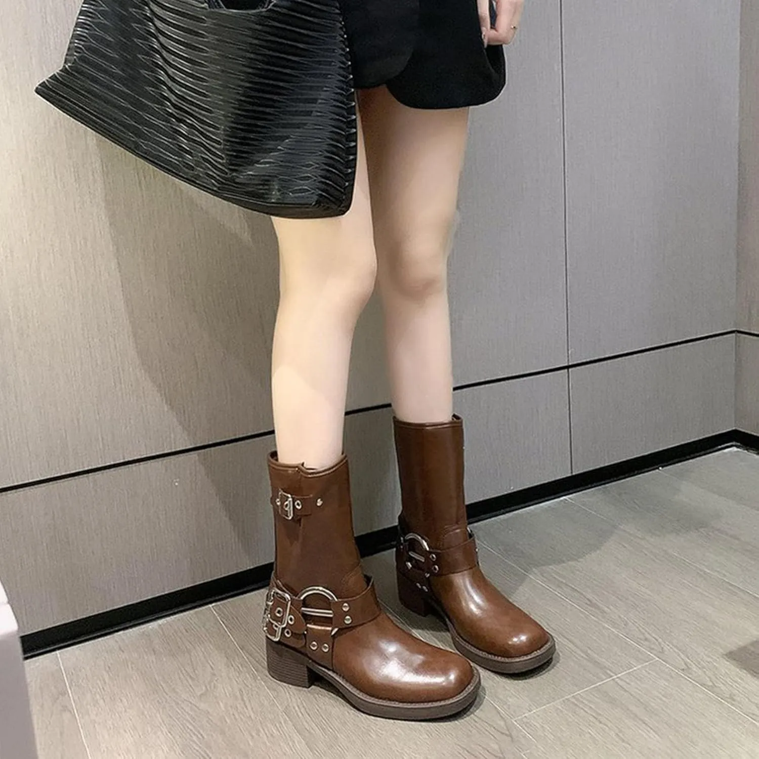 SHEMEE Women's Chunky Block Low Heels Mid-Calf Boots Vintage Square Toe Buckles Biker Riding Boots Punk Motorcycle Knight Ankle Boots
