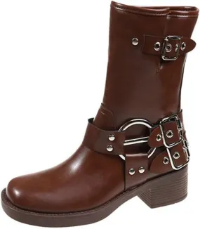 SHEMEE Women's Chunky Block Low Heels Mid-Calf Boots Vintage Square Toe Buckles Biker Riding Boots Punk Motorcycle Knight Ankle Boots