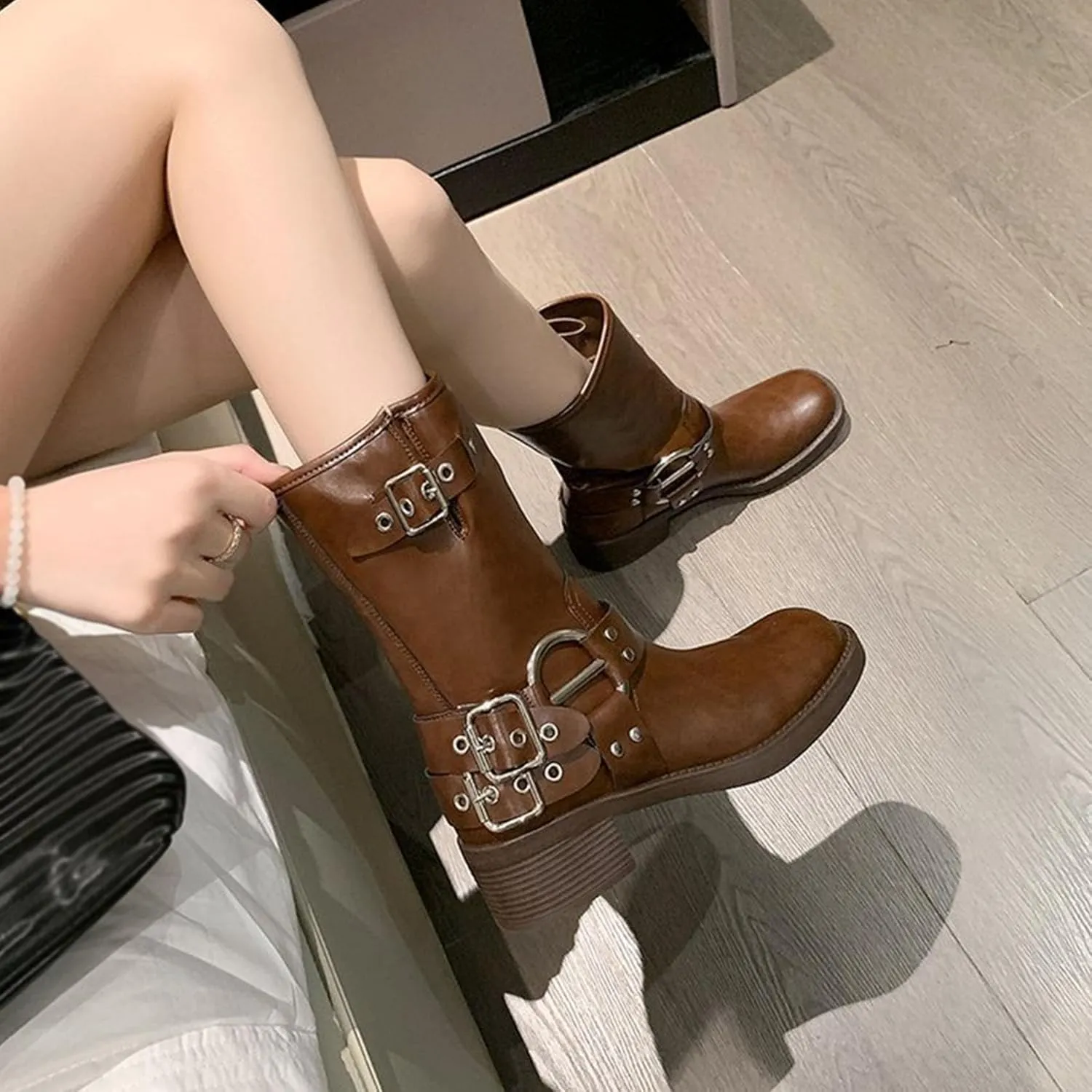 SHEMEE Women's Chunky Block Low Heels Mid-Calf Boots Vintage Square Toe Buckles Biker Riding Boots Punk Motorcycle Knight Ankle Boots