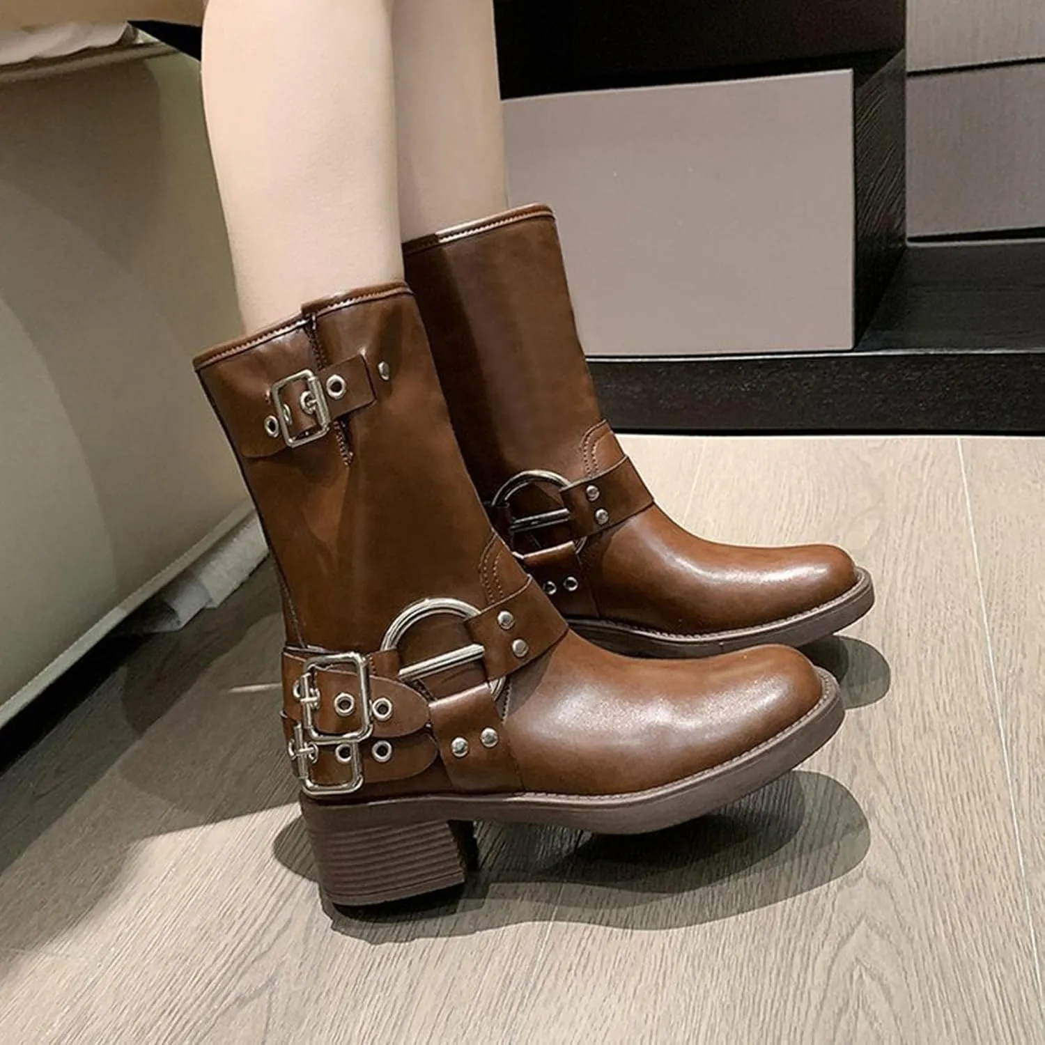 SHEMEE Women's Chunky Block Low Heels Mid-Calf Boots Vintage Square Toe Buckles Biker Riding Boots Punk Motorcycle Knight Ankle Boots