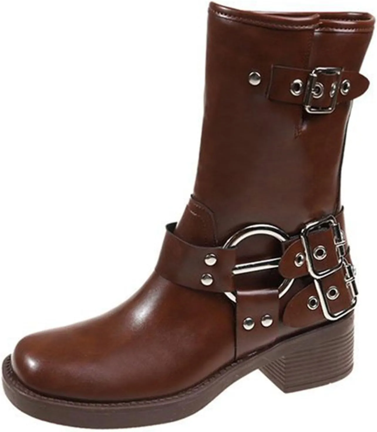 SHEMEE Women's Chunky Block Low Heels Mid-Calf Boots Vintage Square Toe Buckles Biker Riding Boots Punk Motorcycle Knight Ankle Boots