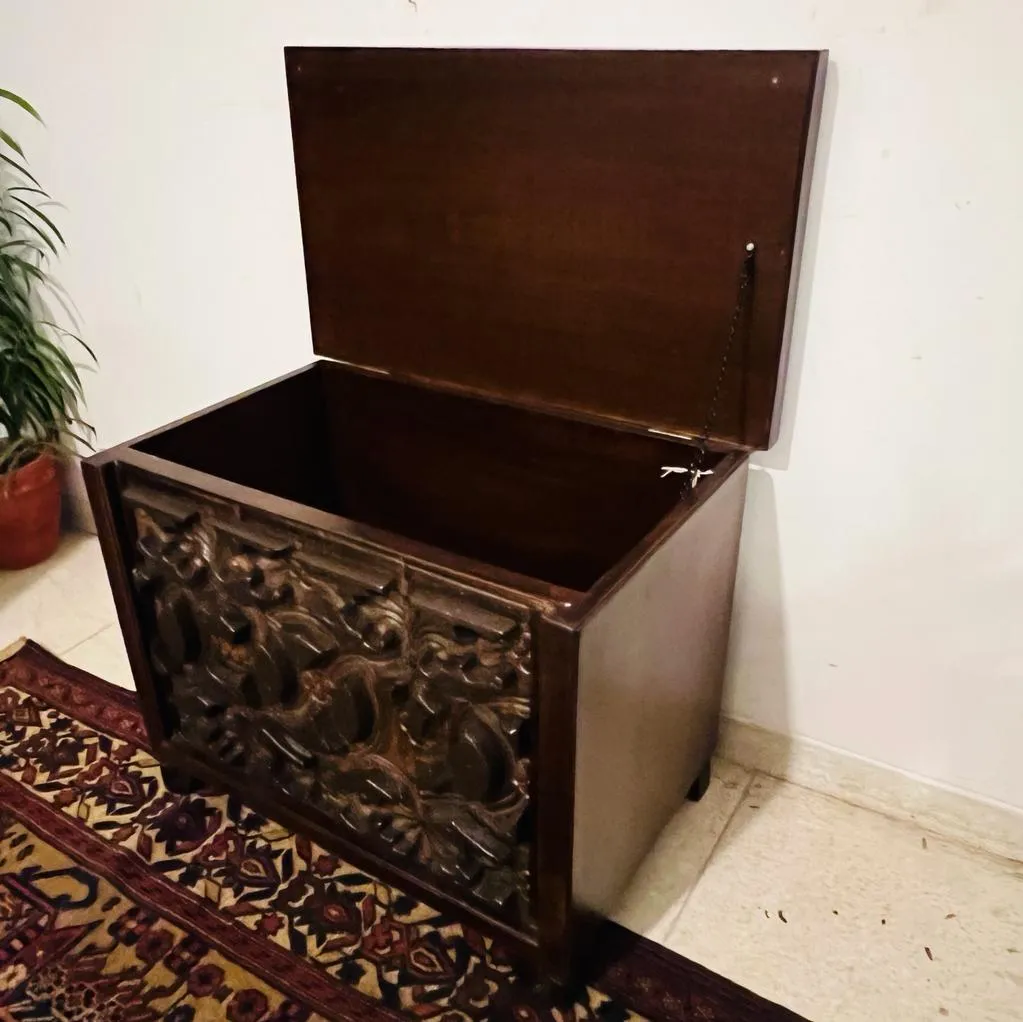 Solid, Vintage Carved Wooden Chest  in Rich, Deep Polish; Tijori 3