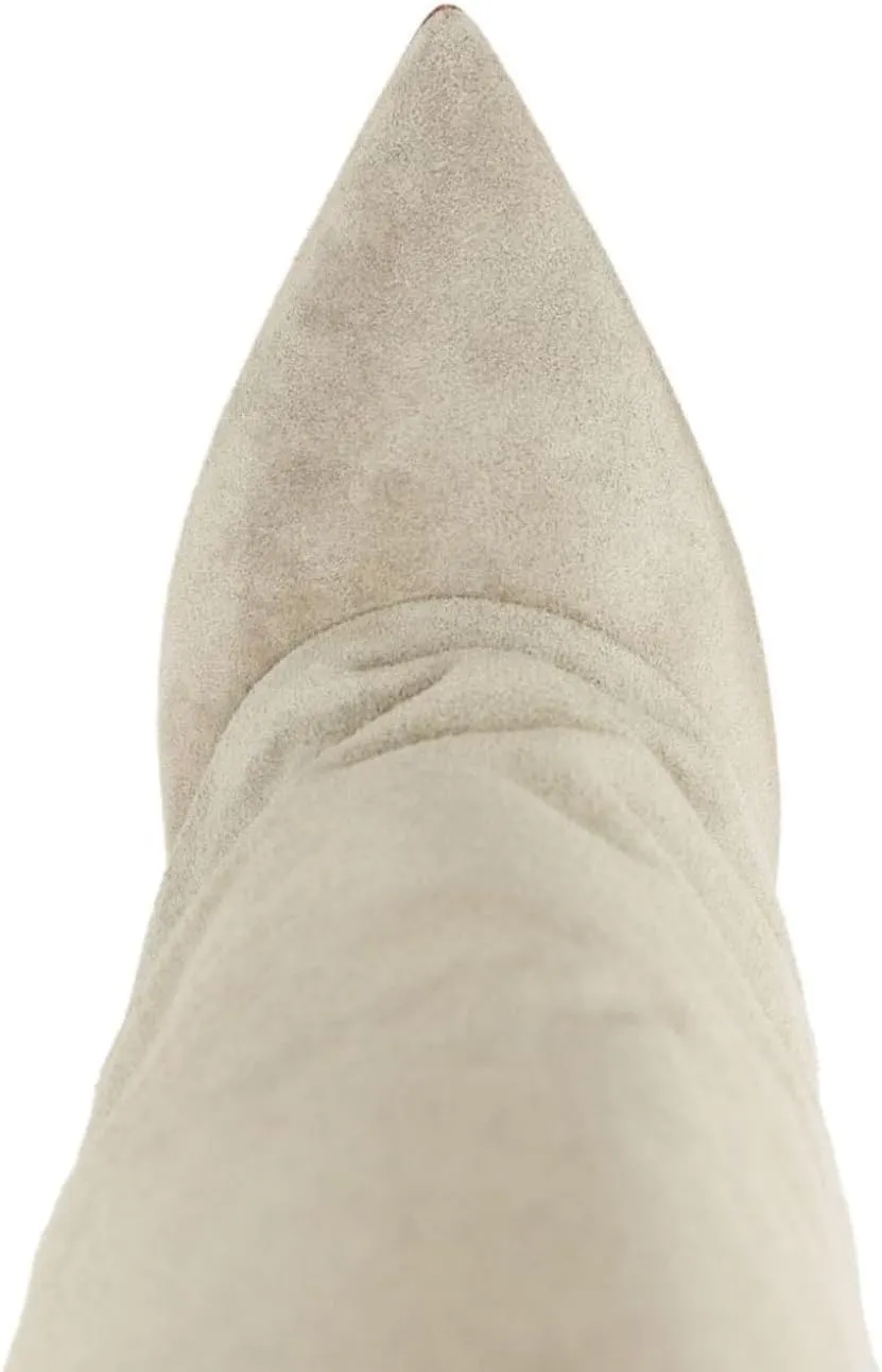Suede Fold Over Knee High Boots For Women With Tab Pointed Toe Pull On Stiletto Boots Wide Calf Slouchy Long Boots
