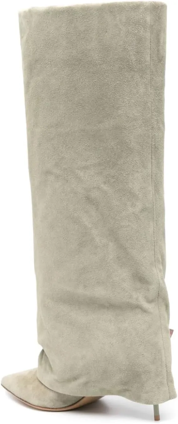 Suede Fold Over Knee High Boots For Women With Tab Pointed Toe Pull On Stiletto Boots Wide Calf Slouchy Long Boots