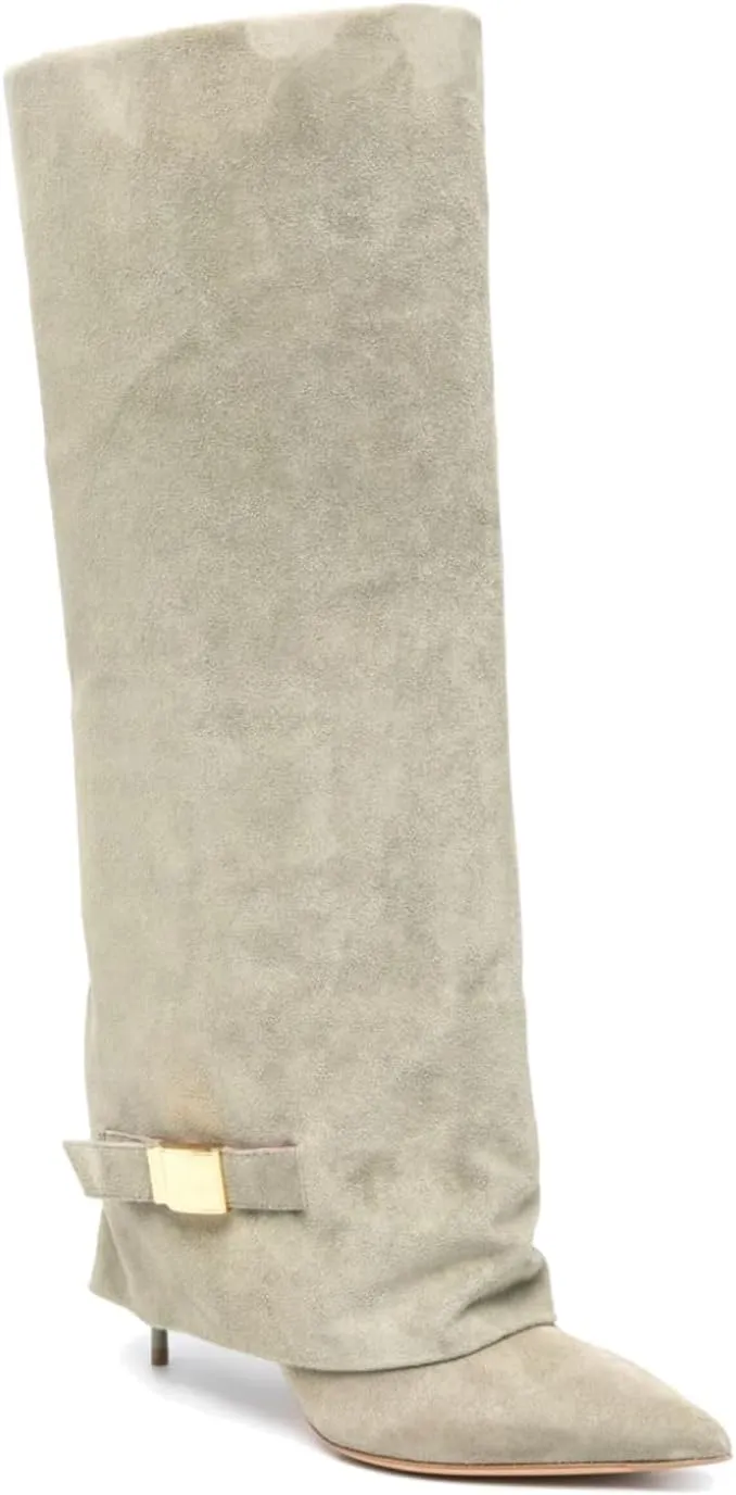 Suede Fold Over Knee High Boots For Women With Tab Pointed Toe Pull On Stiletto Boots Wide Calf Slouchy Long Boots