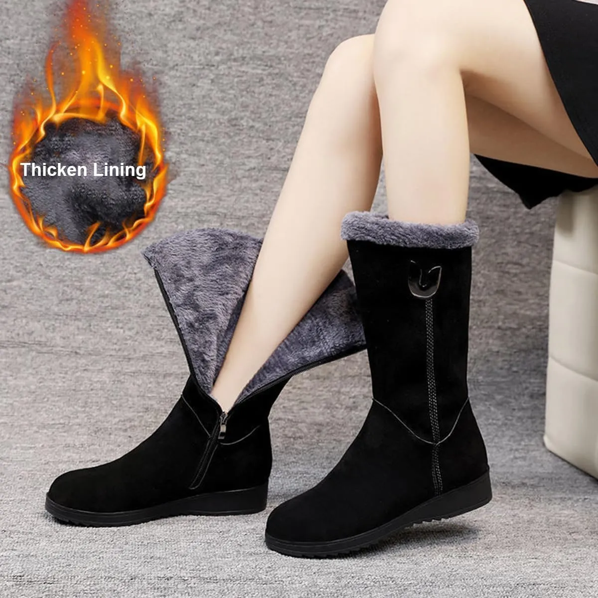 TangDao Women’s Winter Snow Boots With Zipper Comfortable Fur Lined Warm Boots Non-Slip Outdoor Mid Calf Snow Boots