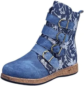 UOQAPRE Christmas Women's Mid Calf Cowboy Boots Cowgirl Wide Retro Western Shoes Wedge Chunky Platform Zip Booties for Women