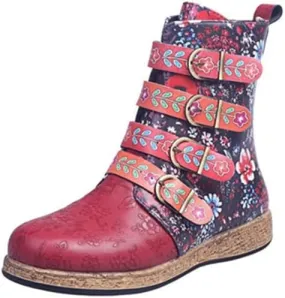 UOQAPRE Christmas Women's Mid Calf Cowboy Boots Cowgirl Wide Retro Western Shoes Wedge Chunky Platform Zip Booties for Women