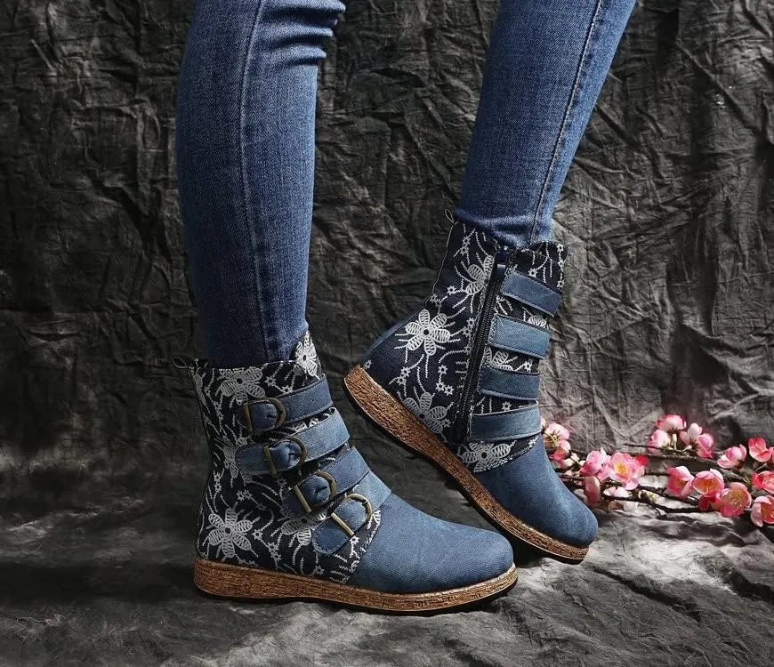UOQAPRE Christmas Women's Mid Calf Cowboy Boots Cowgirl Wide Retro Western Shoes Wedge Chunky Platform Zip Booties for Women