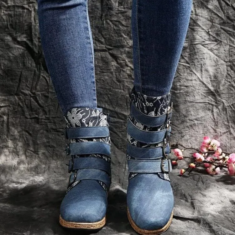 UOQAPRE Christmas Women's Mid Calf Cowboy Boots Cowgirl Wide Retro Western Shoes Wedge Chunky Platform Zip Booties for Women