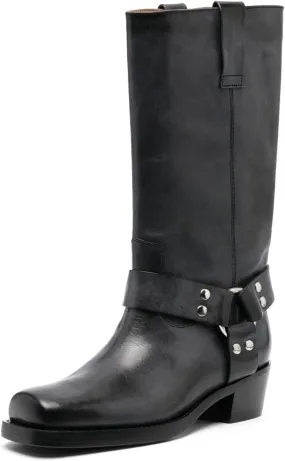 Vertundy Women's Chunky Heel Mid Calf Boot Square Toe Riding Boots Buckle Comfortable Slip On Fashion Causal Booties