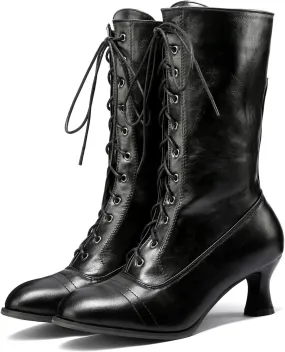 Victorian Boots for Women - Women's Mid Calf Boots Victorian Boots Round Toe Black Boots Chunky Heel Lace Up Witch Boots Knight Boots for Women Faux Leather Boots Vintage Elegant Shoes