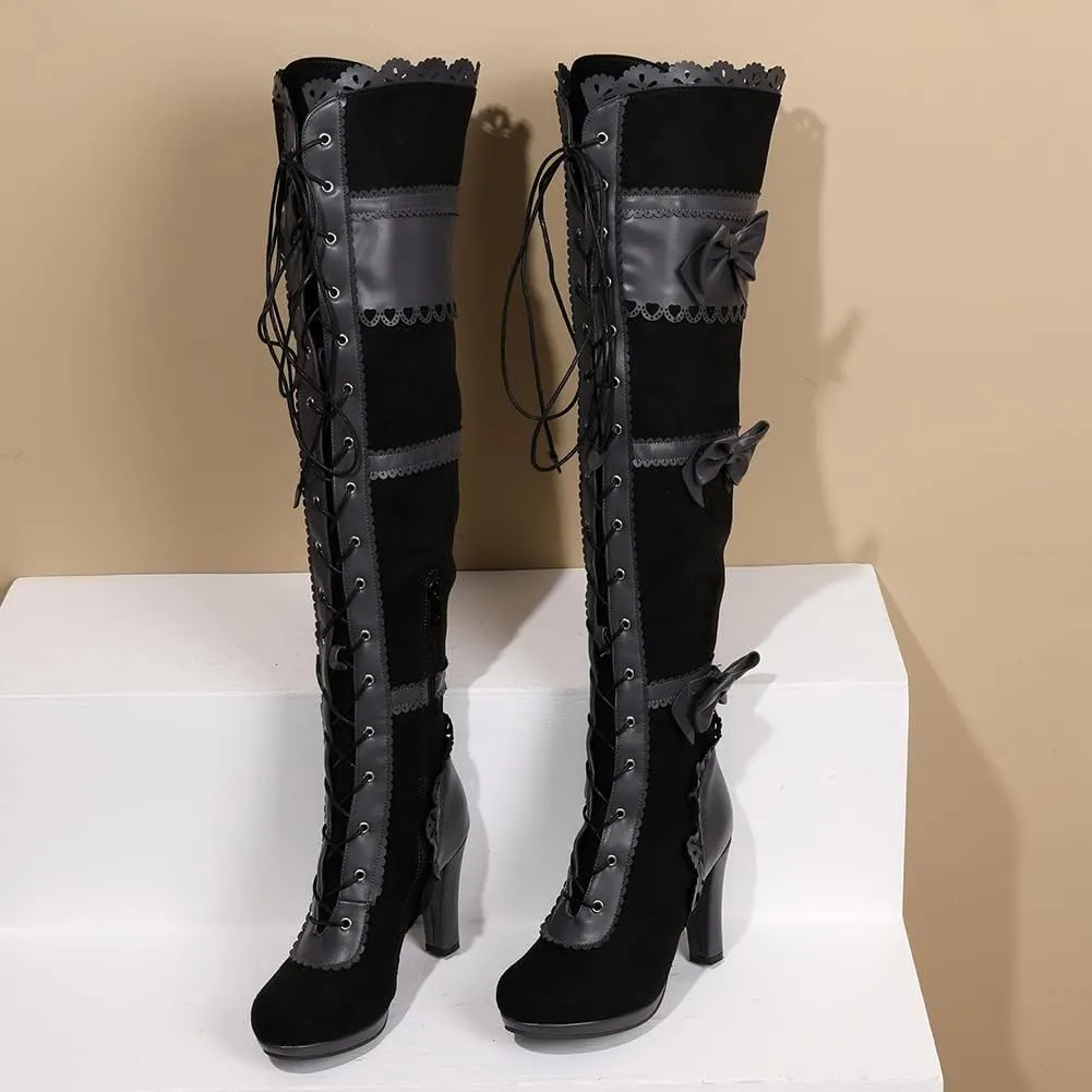 VOMIRA Mid Calf Boots Retro Pointed Toe Kitten Heel Lace Up Witch Costume Boots Black Leather High Heel Ankle Boots