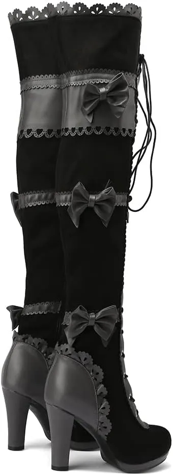 VOMIRA Mid Calf Boots Retro Pointed Toe Kitten Heel Lace Up Witch Costume Boots Black Leather High Heel Ankle Boots