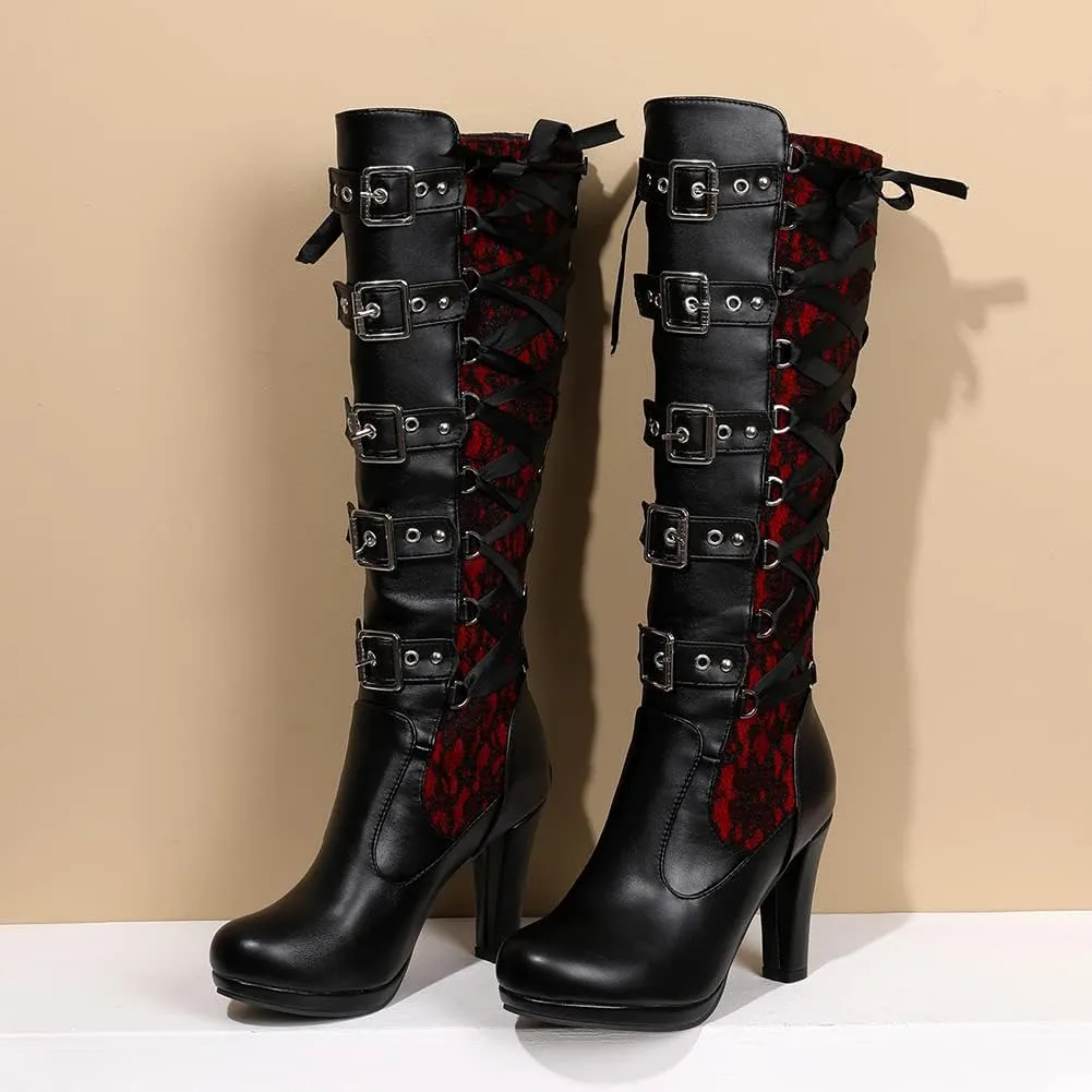 VOMIRA Mid Calf Boots Retro Pointed Toe Kitten Heel Lace Up Witch Costume Boots Black Leather High Heel Ankle Boots