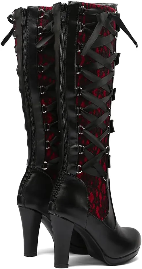 VOMIRA Mid Calf Boots Retro Pointed Toe Kitten Heel Lace Up Witch Costume Boots Black Leather High Heel Ankle Boots