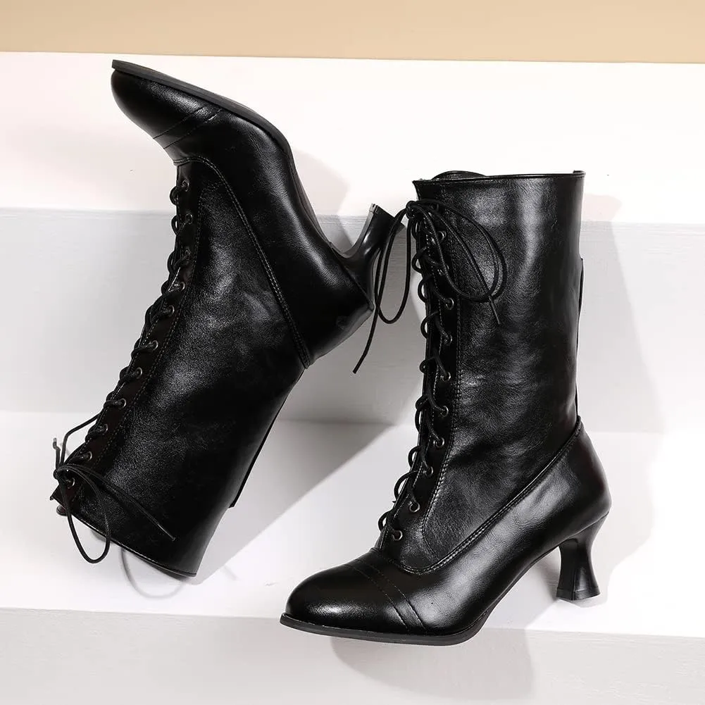 VOMIRA Mid Calf Boots Retro Pointed Toe Kitten Heel Lace Up Witch Costume Boots Black Leather High Heel Ankle Boots