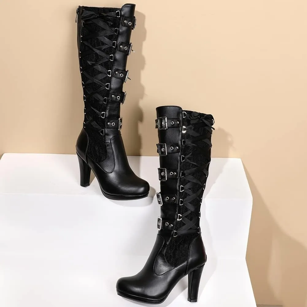 VOMIRA Mid Calf Boots Retro Pointed Toe Kitten Heel Lace Up Witch Costume Boots Black Leather High Heel Ankle Boots