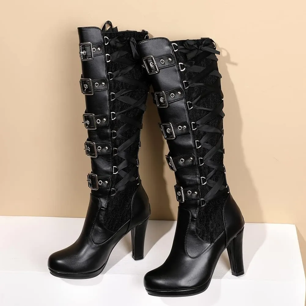 VOMIRA Mid Calf Boots Retro Pointed Toe Kitten Heel Lace Up Witch Costume Boots Black Leather High Heel Ankle Boots