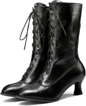 VOMIRA Mid Calf Boots Retro Pointed Toe Kitten Heel Lace Up Witch Costume Boots Black Leather High Heel Ankle Boots