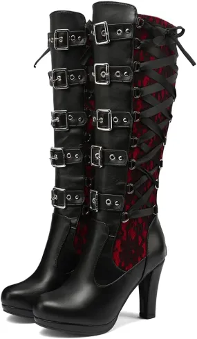 VOMIRA Mid Calf Boots Retro Pointed Toe Kitten Heel Lace Up Witch Costume Boots Black Leather High Heel Ankle Boots