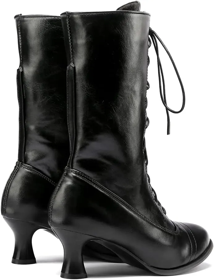 VOMIRA Mid Calf Boots Retro Pointed Toe Kitten Heel Lace Up Witch Costume Boots Black Leather High Heel Ankle Boots