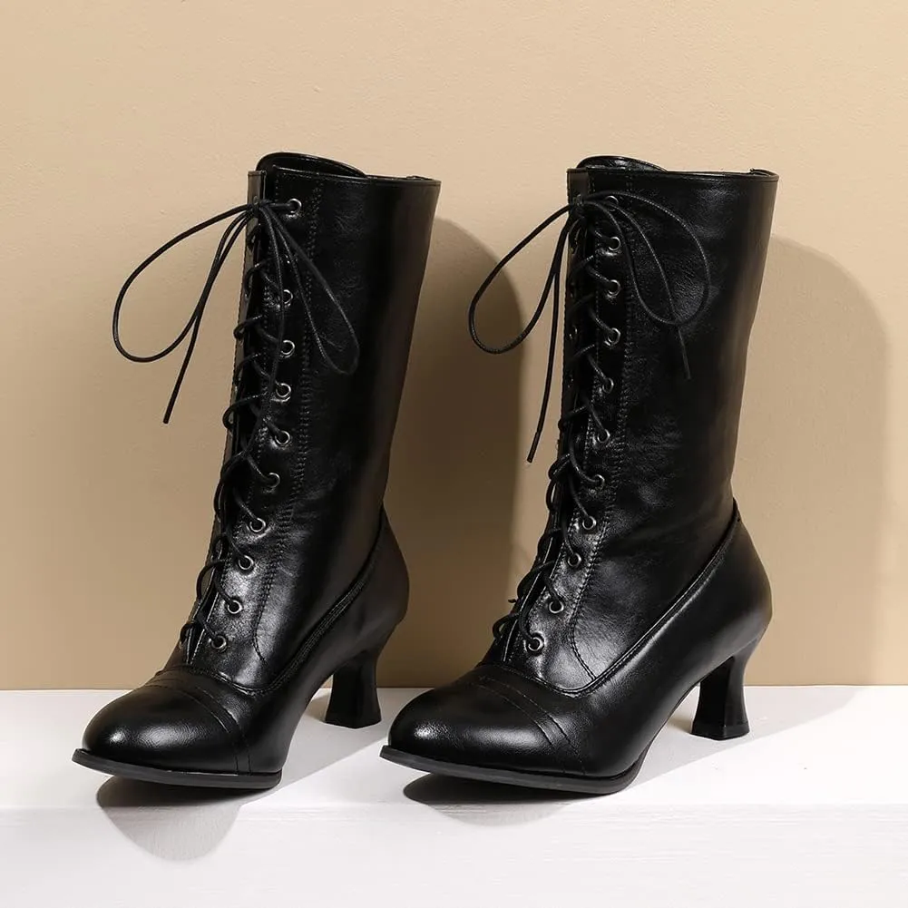 VOMIRA Mid Calf Boots Retro Pointed Toe Kitten Heel Lace Up Witch Costume Boots Black Leather High Heel Ankle Boots