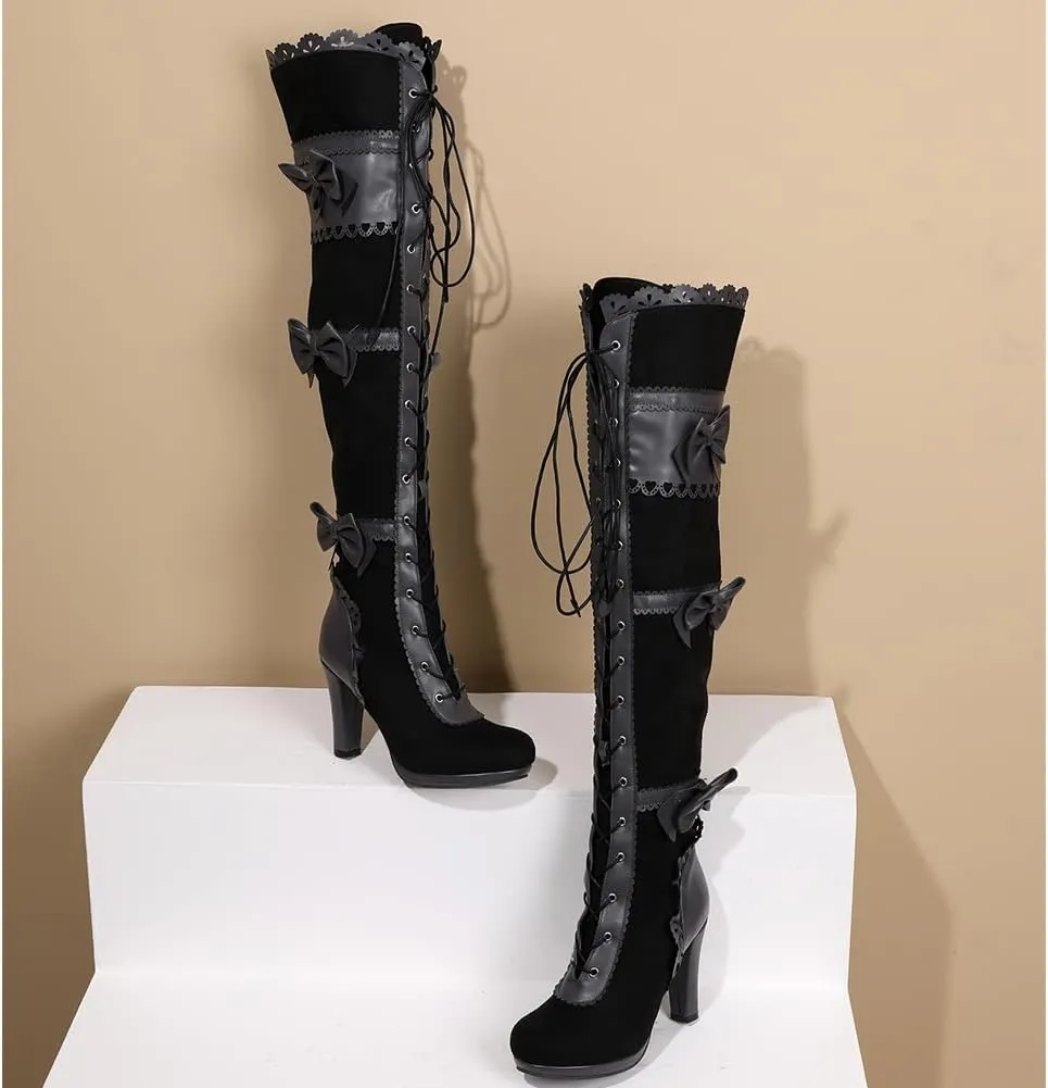 VOMIRA Mid Calf Boots Retro Pointed Toe Kitten Heel Lace Up Witch Costume Boots Black Leather High Heel Ankle Boots