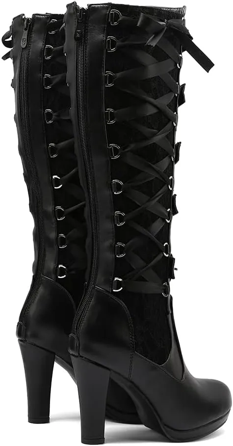 VOMIRA Mid Calf Boots Retro Pointed Toe Kitten Heel Lace Up Witch Costume Boots Black Leather High Heel Ankle Boots