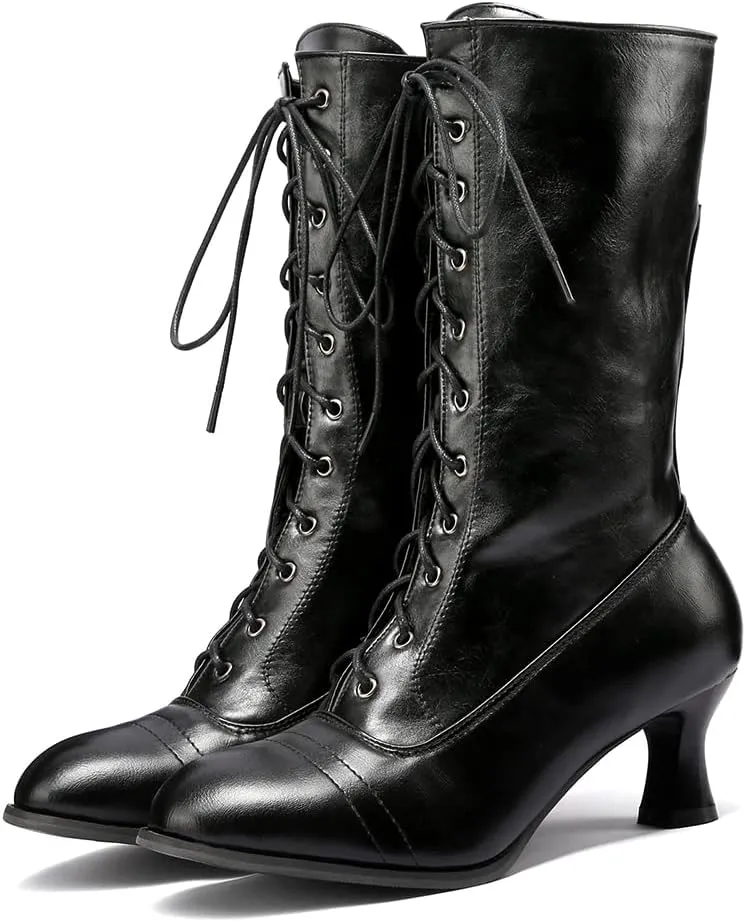 VOMIRA Mid Calf Boots Retro Pointed Toe Kitten Heel Lace Up Witch Costume Boots Black Leather High Heel Ankle Boots