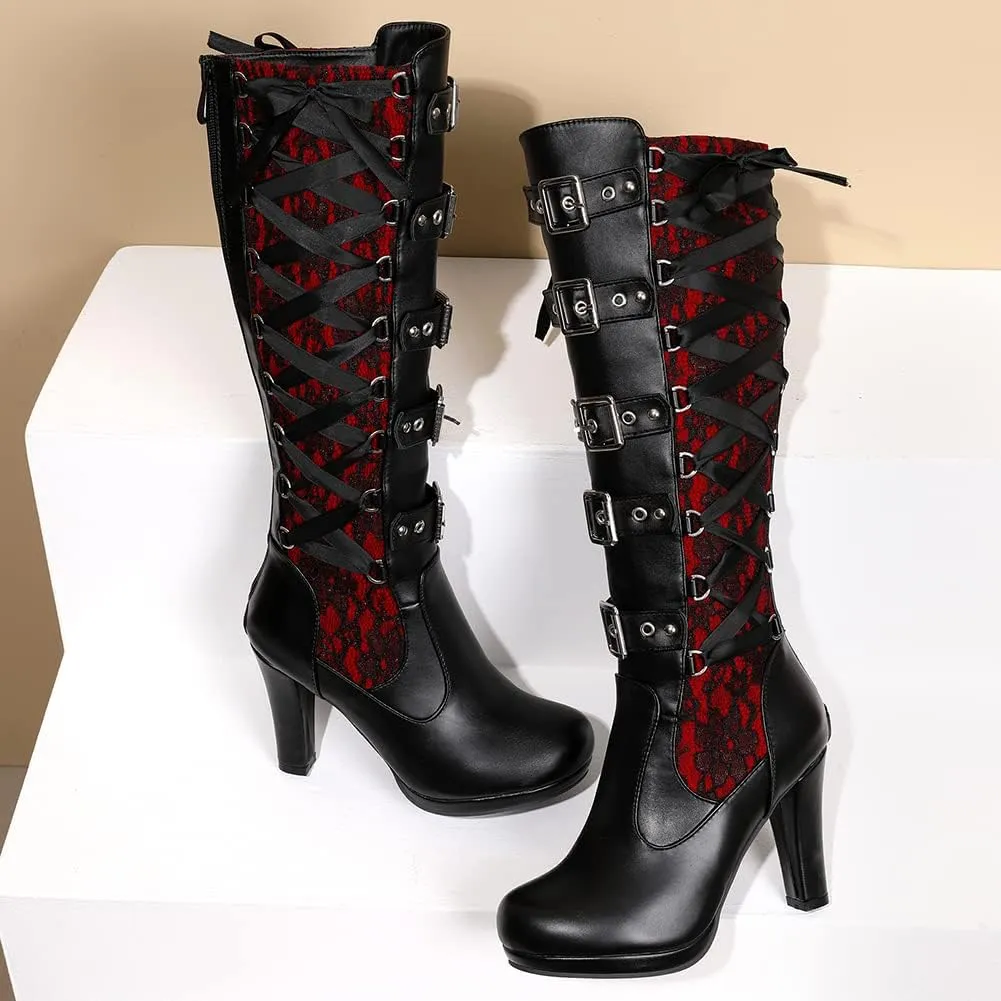 VOMIRA Mid Calf Boots Retro Pointed Toe Kitten Heel Lace Up Witch Costume Boots Black Leather High Heel Ankle Boots