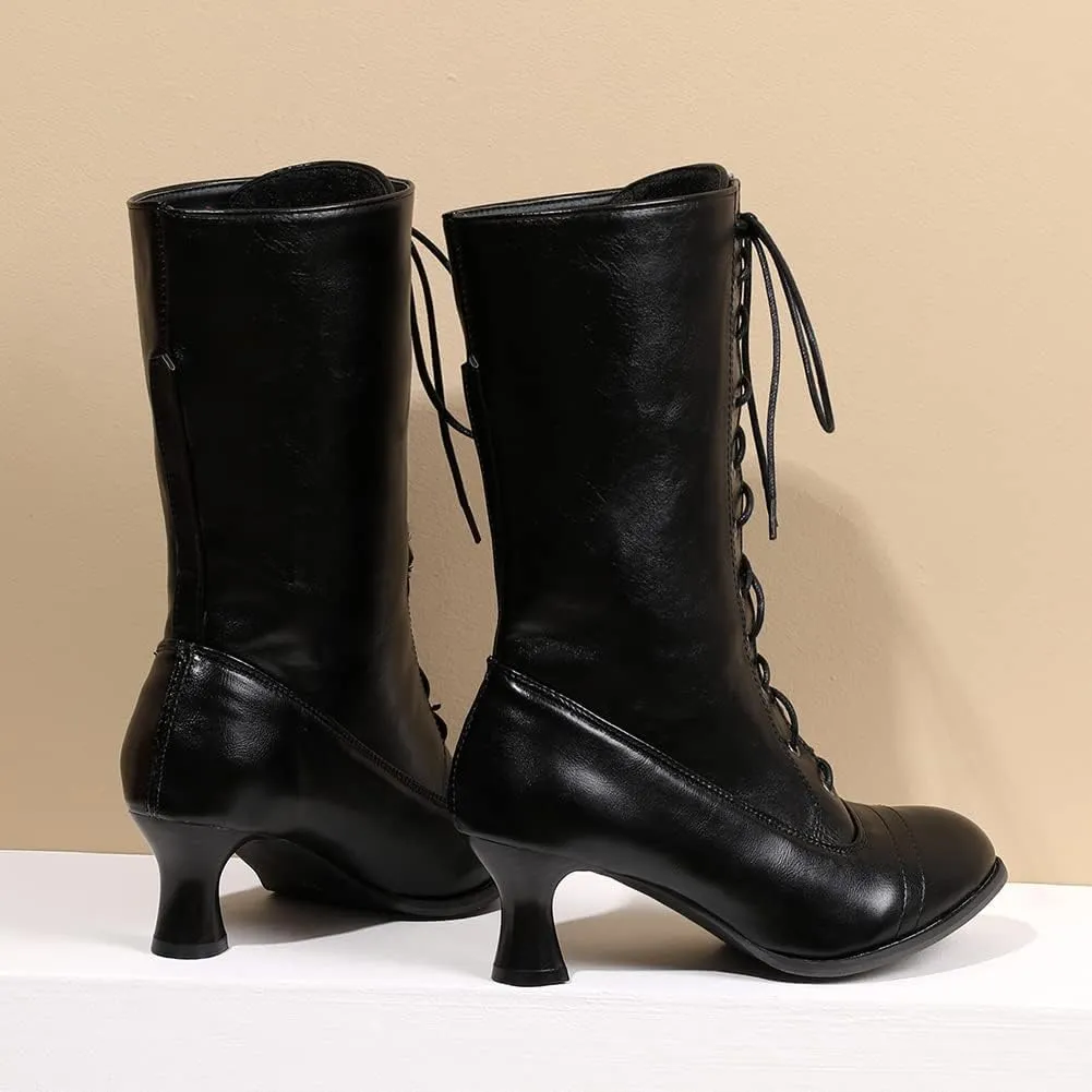 VOMIRA Mid Calf Boots Retro Pointed Toe Kitten Heel Lace Up Witch Costume Boots Black Leather High Heel Ankle Boots