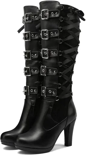 VOMIRA Mid Calf Boots Retro Pointed Toe Kitten Heel Lace Up Witch Costume Boots Black Leather High Heel Ankle Boots