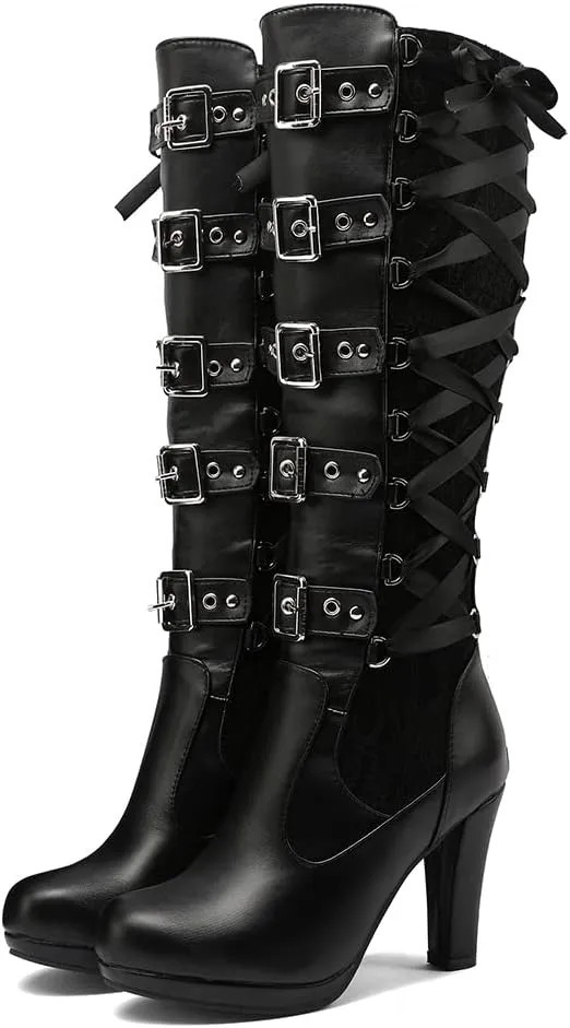 VOMIRA Mid Calf Boots Retro Pointed Toe Kitten Heel Lace Up Witch Costume Boots Black Leather High Heel Ankle Boots