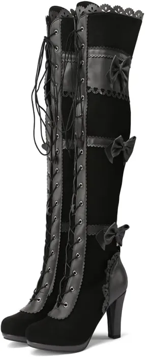 VOMIRA Mid Calf Boots Retro Pointed Toe Kitten Heel Lace Up Witch Costume Boots Black Leather High Heel Ankle Boots