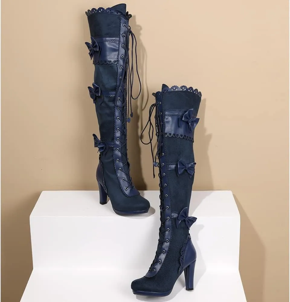 VOMIRA Mid Calf Boots Retro Pointed Toe Kitten Heel Lace Up Witch Costume Boots Black Leather High Heel Ankle Boots