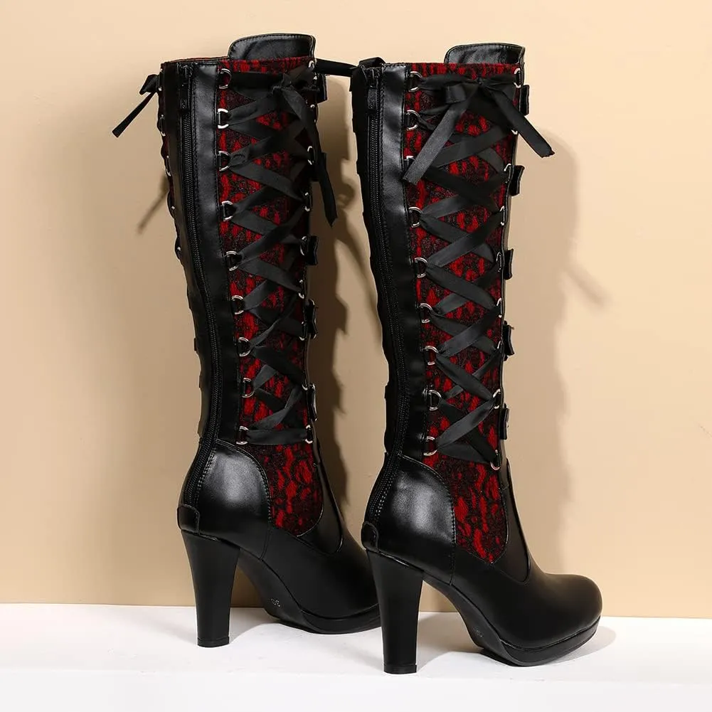 VOMIRA Mid Calf Boots Retro Pointed Toe Kitten Heel Lace Up Witch Costume Boots Black Leather High Heel Ankle Boots