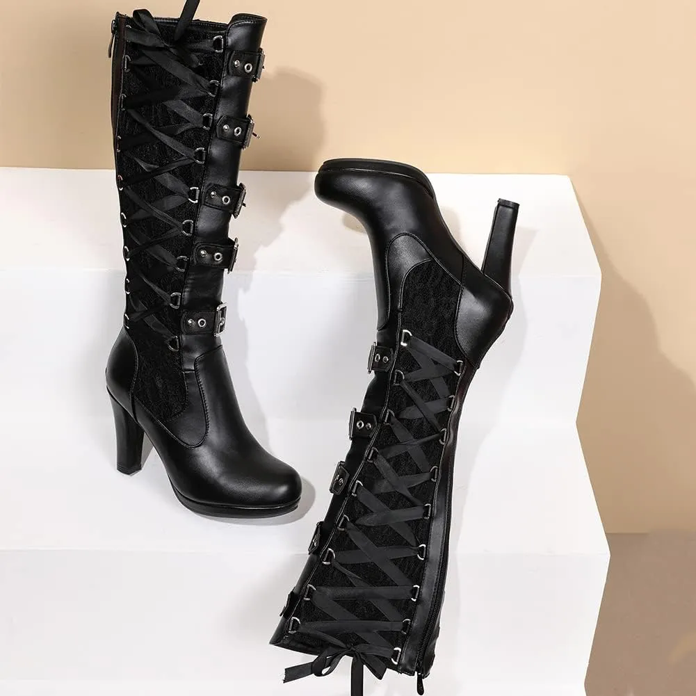VOMIRA Mid Calf Boots Retro Pointed Toe Kitten Heel Lace Up Witch Costume Boots Black Leather High Heel Ankle Boots