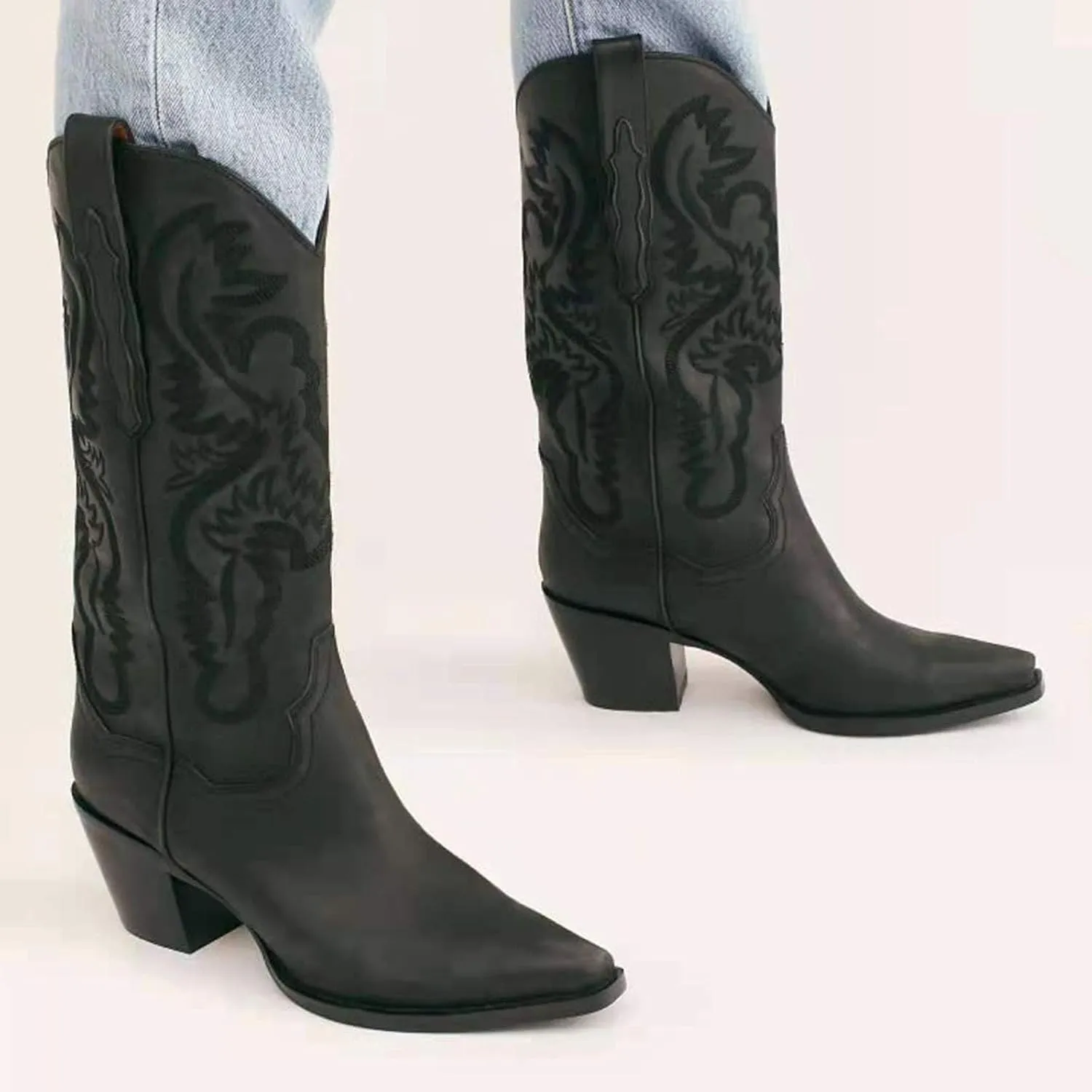 VOMIRA Pointed Toe Western Boots for Women Fall Winter Chunky Block Cork Heel Pull On Mid Calf Boots Outdoor Cowboy Boots