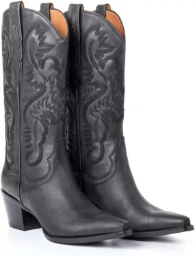 VOMIRA Pointed Toe Western Boots for Women Fall Winter Chunky Block Cork Heel Pull On Mid Calf Boots Outdoor Cowboy Boots
