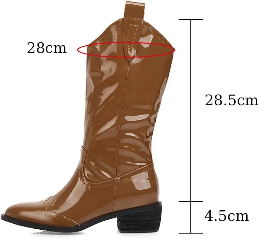 VULTRO Women's Mid Calf Boots Pointed Toe Patent Leather Low Block Heel Western Boots