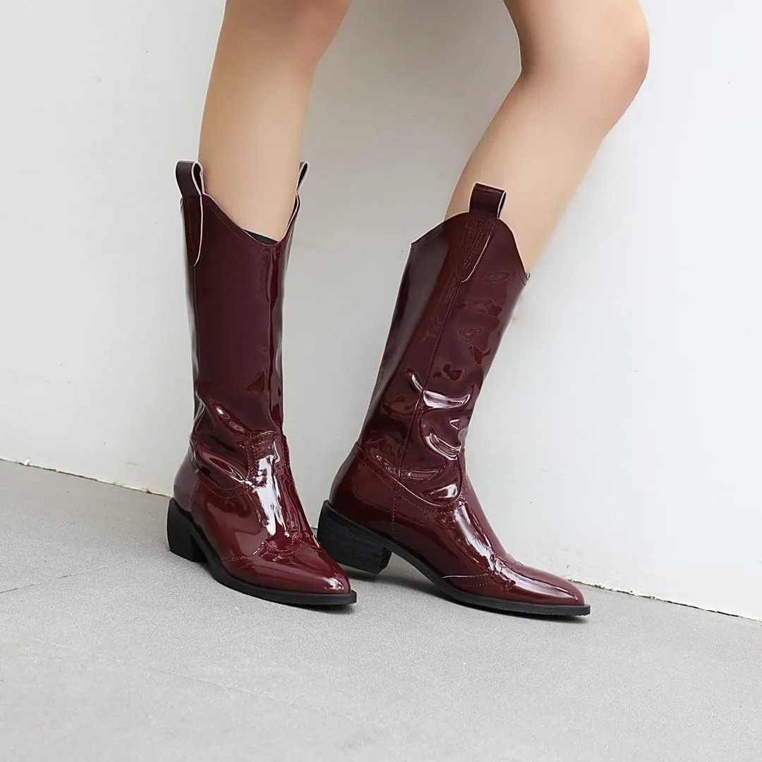 VULTRO Women's Mid Calf Boots Pointed Toe Patent Leather Low Block Heel Western Boots