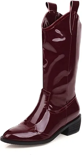 VULTRO Women's Mid Calf Boots Pointed Toe Patent Leather Low Block Heel Western Boots