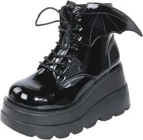 wodceeke Women's Platform Ankle Boots Round Toe Lace Up Combat Boots Goth Punk Fashion Wing Motorcycle Leather Boots