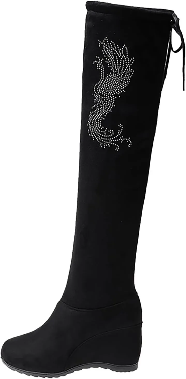 Women Over The Knee High Boots Warm Faux Suede Winter Long Boot with Side Zipper Back Lace Fashion Thigh Booties